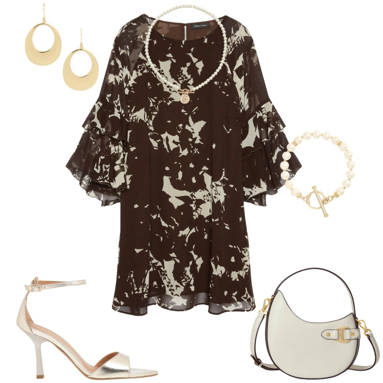 Outfit donna - Chic serata evento speciale. Stile Chic per Serata fuori. Abbinamento con sandali in pelle, vestiti corti, ciondoli, borse a tracolla, orecchini, braccialetti.