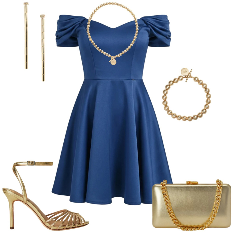 Outfit donna - Chic serata evento speciale. Stile Chic per Serata fuori. Abbinamento con vestiti corti, clutch, sandali in pelle, orecchini, collane, braccialetti.