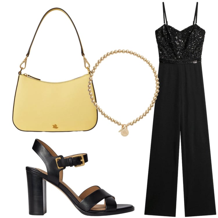 Outfit donna - Sere di Giugno in tuta. Stile Chic per Serata fuori. Abbinamento con tute, collane, sandali in pelle, borse a spalla.