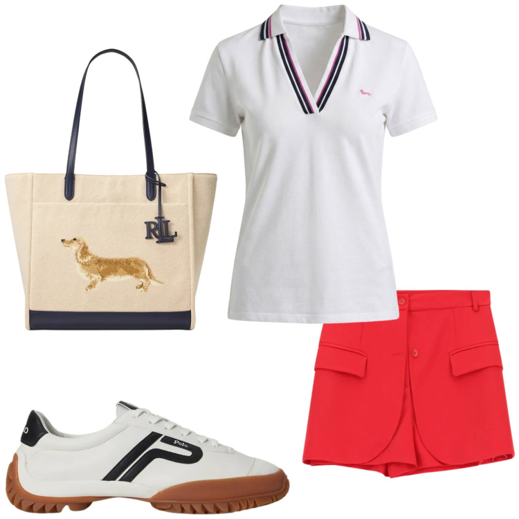 Outfit donna - Nel weekend. Stile Sporty chic per Mare. Abbinamento con shorts, polo, borse tote, sneakers.