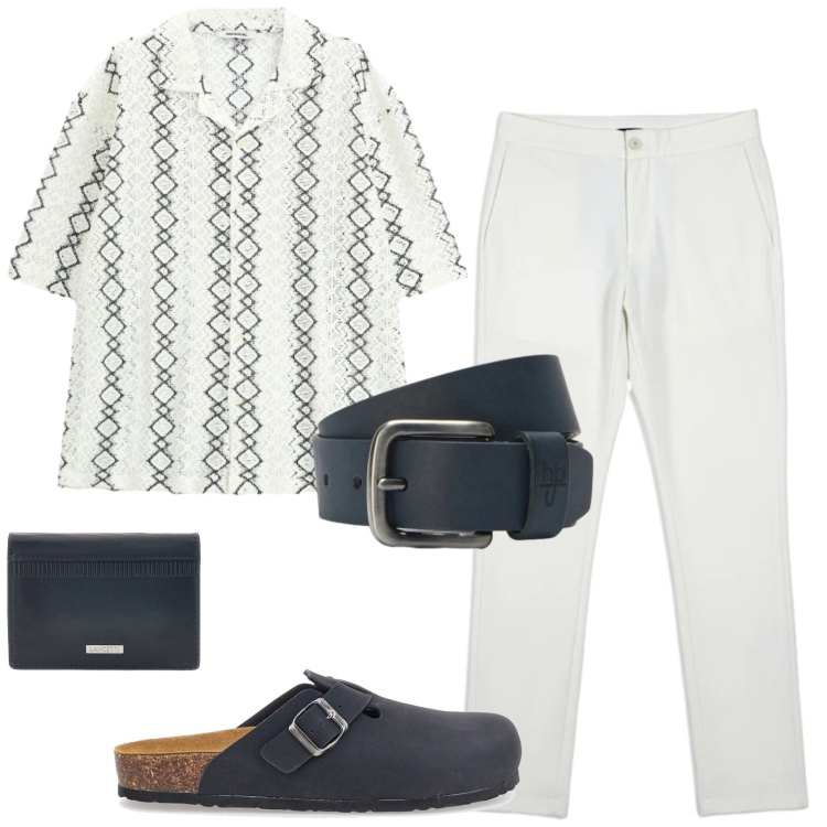 Outfit uomo - Aperitivo vista tramonto. Stile Casual per Mare. Abbinamento con camicie a manica corta, cinture, pantaloni, portafogli, sandali.