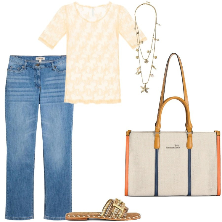 Outfit donna - Un estate al mareee. Stile Casual chic per Tutti i giorni. Abbinamento con jeans dritti, t-shirt, collane, borse tote, ciabatte.