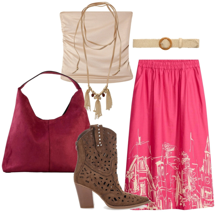 Outfit donna - Gemelli style. Stile Etnico per Tutti i giorni. Abbinamento con gonne longuette, borse a spalla, top, cinture, collane, stivaletti texani.