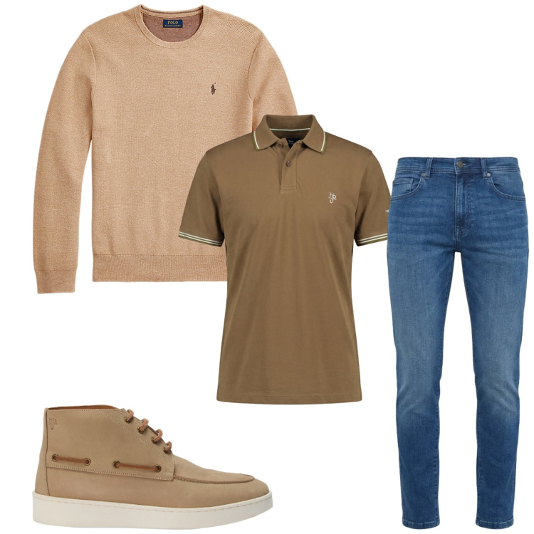 Outfit uomo - Total look #2412085. Stile Trendy per Tutti i giorni. Abbinamento con jeans slim fit, polo, stivali e stivaletti, maglieria.