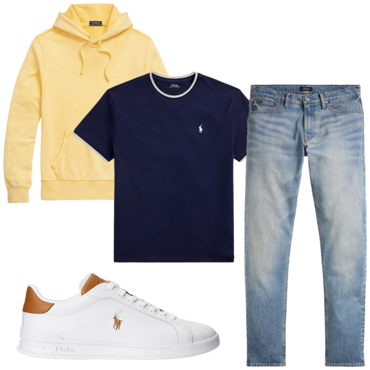 Outfit uomo - Total look #2412086. Stile Trendy per Tutti i giorni. Abbinamento con felpe con cappuccio, sneakers, jeans, t-shirt.