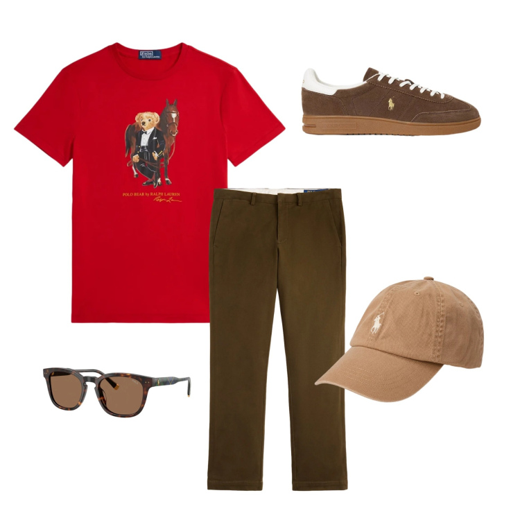 Outfit uomo - Polo Bear Street Style. Stile Casual per Tutti i giorni. Abbinamento con pantaloni chino, t-shirt, sneakers, cappelli con visiera, occhiali da sole.