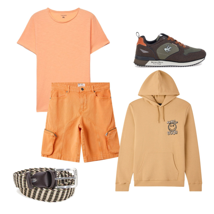 Outfit uomo - Summer outfit. Stile Casual per Tutti i giorni. Abbinamento con pantaloni corti, felpe con cappuccio, t-shirt, sneakers, cinture.