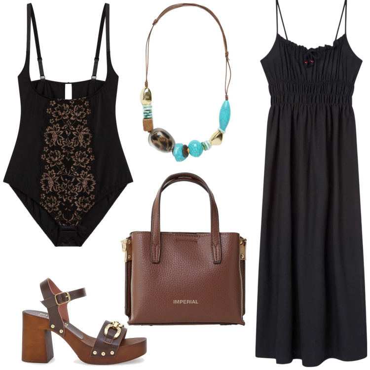 Outfit donna - Total look #2412089. Stile Etnico per Serata fuori. Abbinamento con body, vestiti lunghi, borse a tracolla, collane, zoccoli.