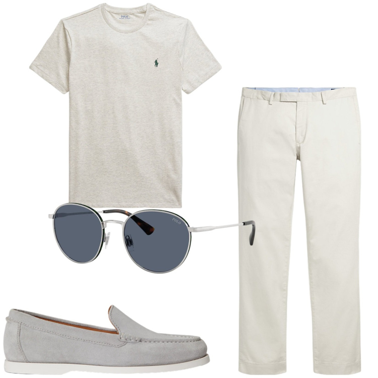 Outfit uomo - Total look #2412090. Stile Casual per Tutti i giorni. Abbinamento con pantaloni chino, occhiali da sole, scarpe stringate, t-shirt.