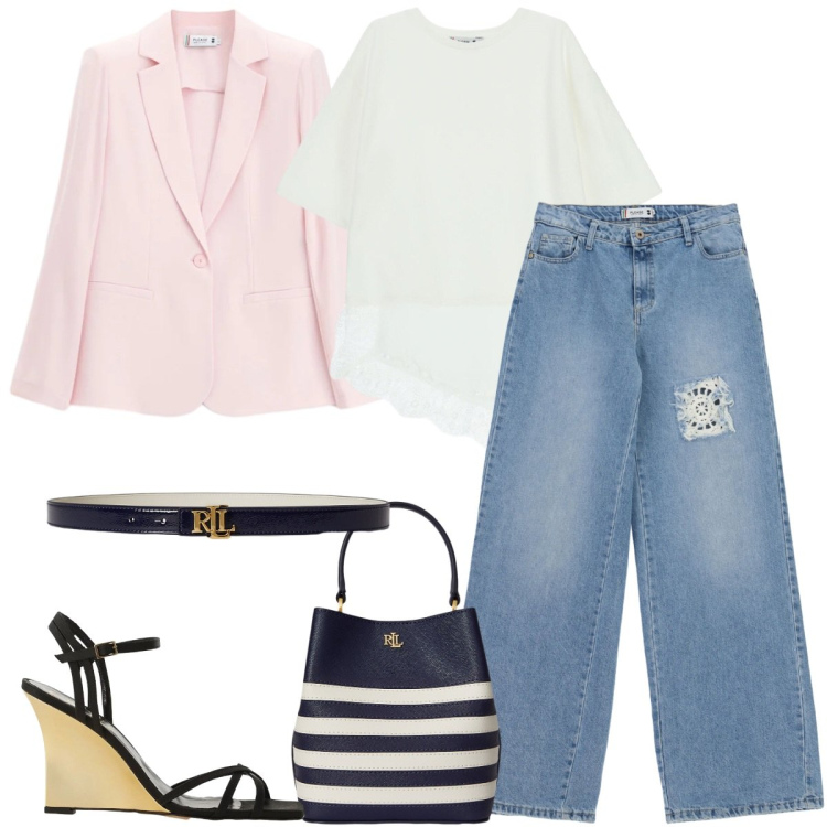 Outfit donna - Please Slow Pleasure. Stile Urban per Ufficio. Abbinamento con sandali col tacco, jeans, top, blazer, borse a secchiello, cinture.
