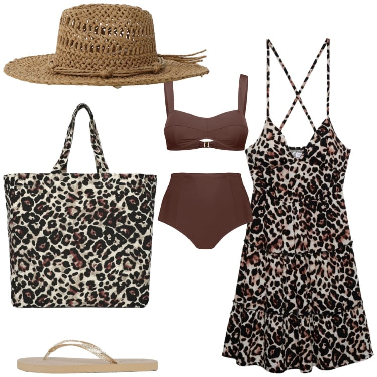 Outfit donna - Total look #2412095. Stile Etnico per Mare. Abbinamento con vestiti corti, shopping bag, infradito, cappelli, bikini.