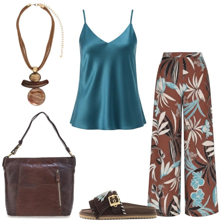 Outfit donna - Total look #2412096. Stile Casual chic per Tutti i giorni. Abbinamento con pantaloni a palazzo, canottiere, ciondoli, sandali in pelle, borse a spalla.