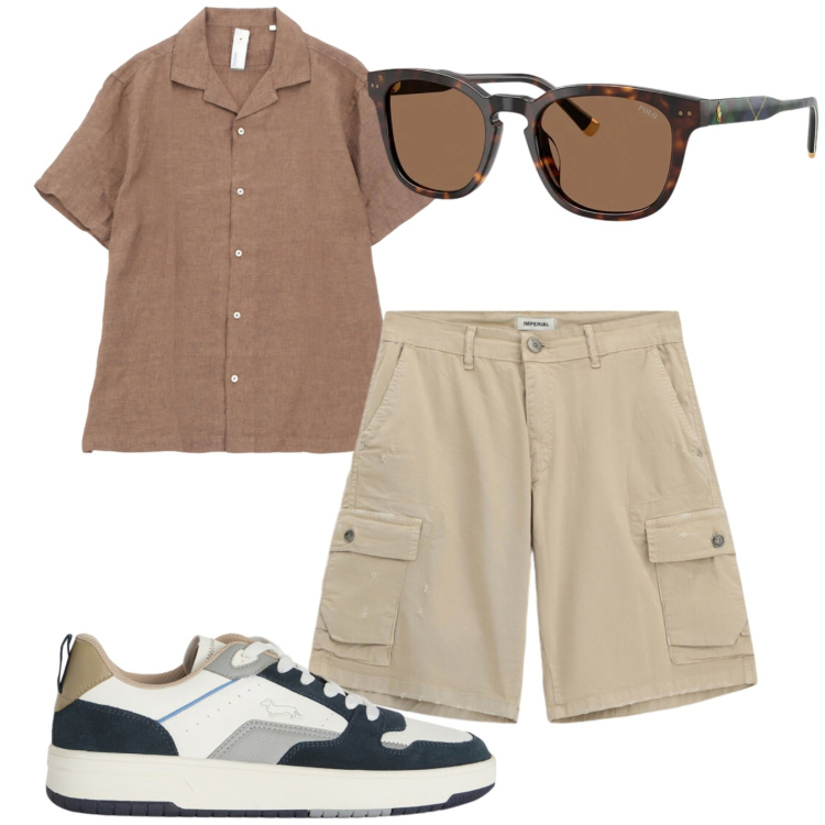 Outfit uomo - Total look #2412097. Stile Casual per Tutti i giorni. Abbinamento con camicie a manica corta, bermuda, sneakers, occhiali da sole.
