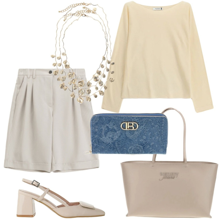 Outfit donna - Please Slow Pleasure. Stile Urban per Tutti i giorni. Abbinamento con décolleté, collane, bermuda, maglieria, borse a spalla, portafogli.