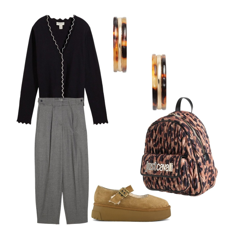 Outfit donna - Giugno. Stile Casual chic per Ufficio. Abbinamento con zaini, pantaloni, cardigans, orecchini, décolleté.