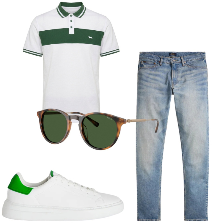 Outfit uomo - Total look #2412101. Stile Casual per Tutti i giorni. Abbinamento con polo, sneakers, jeans, occhiali da sole.