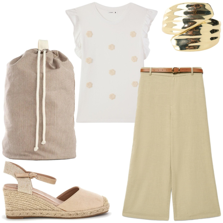 Outfit donna - Total look #2412102. Stile Casual chic per Tutti i giorni. Abbinamento con zaini, t-shirt, pantaloni a palazzo, anelli, zeppe.