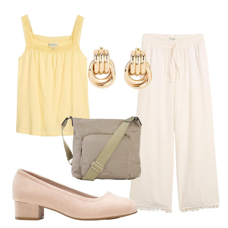 Outfit donna - Curvy Bonprix. Stile Basic per Tutti i giorni. Abbinamento con décolleté, borse a tracolla, pantaloni, canottiere, orecchini.