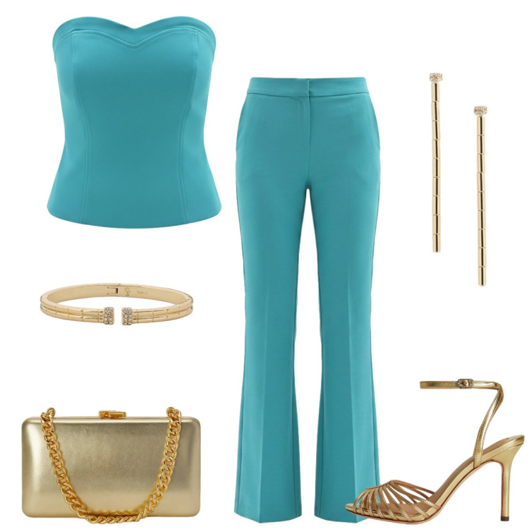 Outfit donna - Total look #2412107. Stile Chic per Serata fuori. Abbinamento con pantaloni a palazzo, top, clutch, sandali in pelle, orecchini, braccialetti.