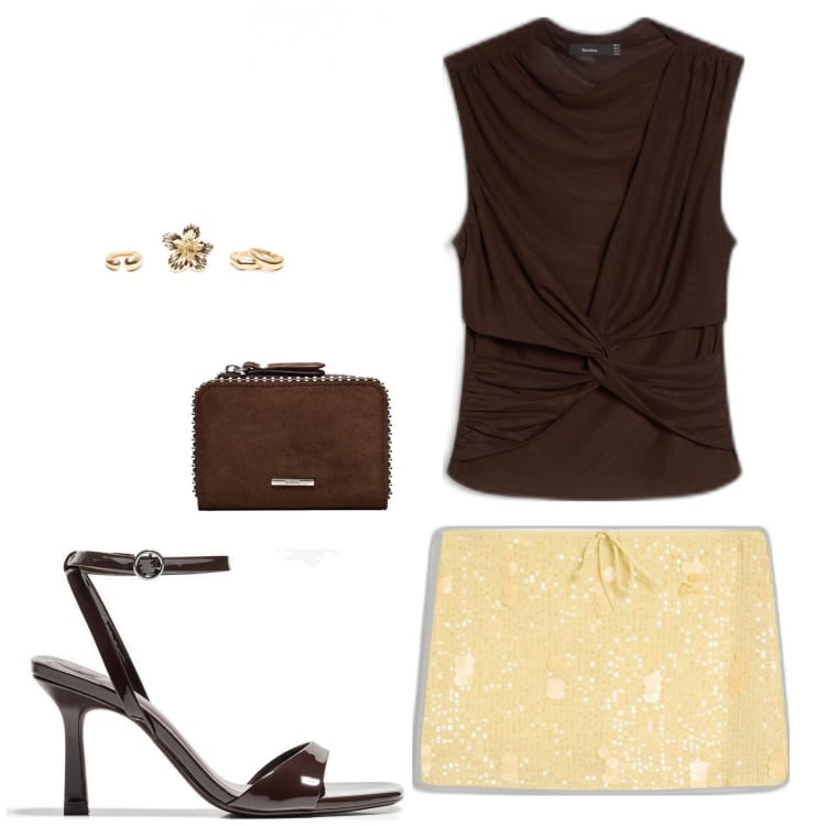 Outfit mujer - Chic outfit. Estilo Chic para Noche/Fiesta elegante. Combinación con top, faldas, anillos, sandalias de tacón, monederos.