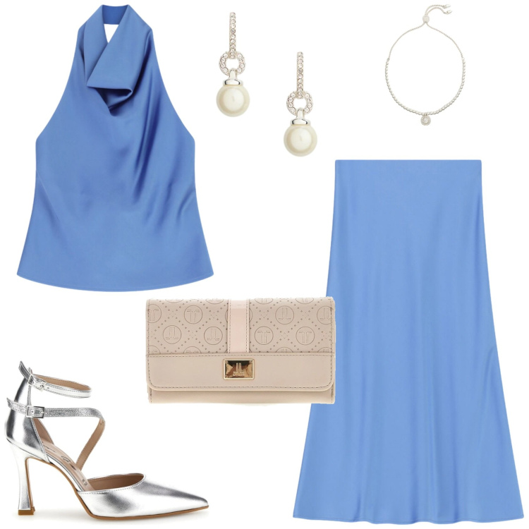 Outfit donna - Immergersi nell\'azzurro. Stile Glamour per Serata fuori. Abbinamento con top, gonne longuette, braccialetti, orecchini, portafogli, décolleté.