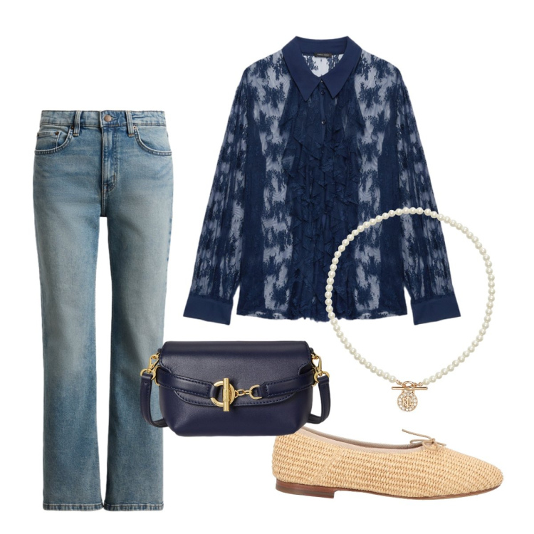 Outfit donna - Casual curvy per un caffè. Stile Casual per Tutti i giorni. Abbinamento con ballerine, camicie, jeans dritti, ciondoli, borse a tracolla.