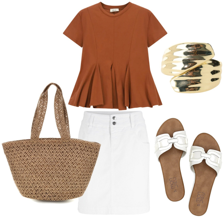 Outfit donna - Oroscopo I gemelli. Stile Bon Ton per Tutti i giorni. Abbinamento con minigonne, anelli, top, ciabatte, borse a spalla.