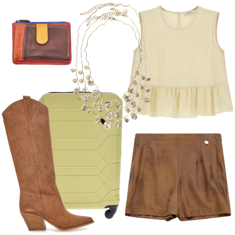 Outfit donna - Oroscopo I gemelli imprevedibile. Stile Casual per Tutti i giorni. Abbinamento con shorts, top, collane, portafogli, valigie, stivali.