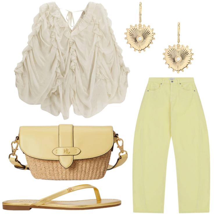 Outfit donna - Oroscopo I gemelli imprevisto. Stile Bon Ton per Tutti i giorni. Abbinamento con bluse, pantaloni a palazzo, infradito, borse a tracolla, orecchini.