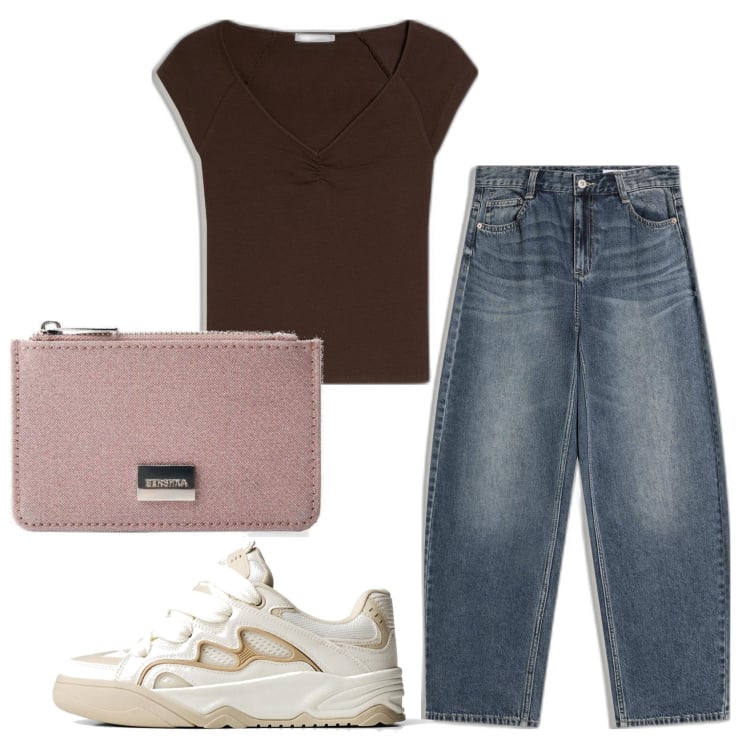 Outfit mujer - Casual look. Estilo Casual para Todos los días. Combinación con vaqueros, camiseta, monederos, sneakers.