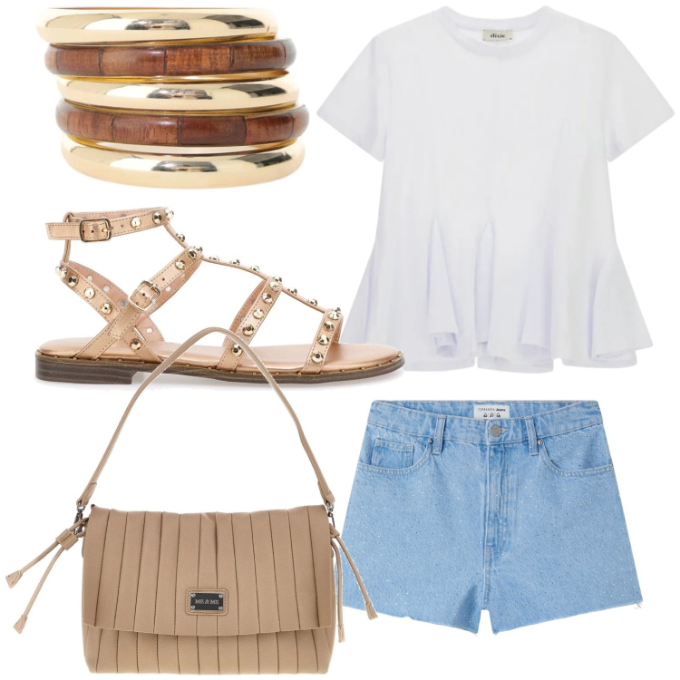 Outfit donna - Oroscopo I gemelli. Stile Glamour per Tutti i giorni. Abbinamento con shorts, cappotti, top, sandali, pochette.