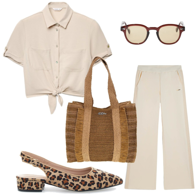 Outfit donna - Giugno con le ballerine. Stile Glamour per Tutti i giorni. Abbinamento con camicie a manica corta, occhiali da sole, pantaloni, ballerine, borse a spalla.