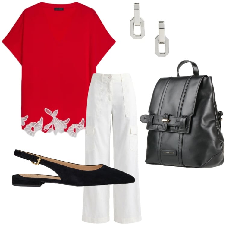 Outfit donna - T-shirt sofisticata. Stile Urban per Ufficio. Abbinamento con zaini, pantaloni cargo, t-shirt, orecchini, ballerine.