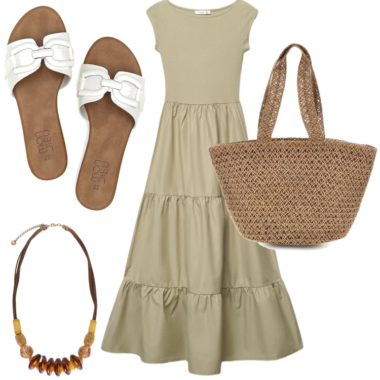 Outfit donna - Dress romantico. Stile Casual per Tutti i giorni. Abbinamento con vestiti lunghi, collane, ciabatte, borse a spalla.