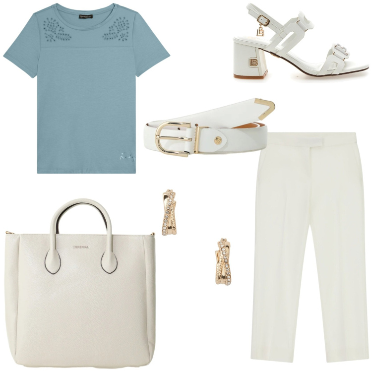 Outfit donna - Minimal chic in città. Stile Chic per Tutti i giorni. Abbinamento con pantaloni, borse a tracolla, cinture, t-shirt, orecchini, sandali col tacco.