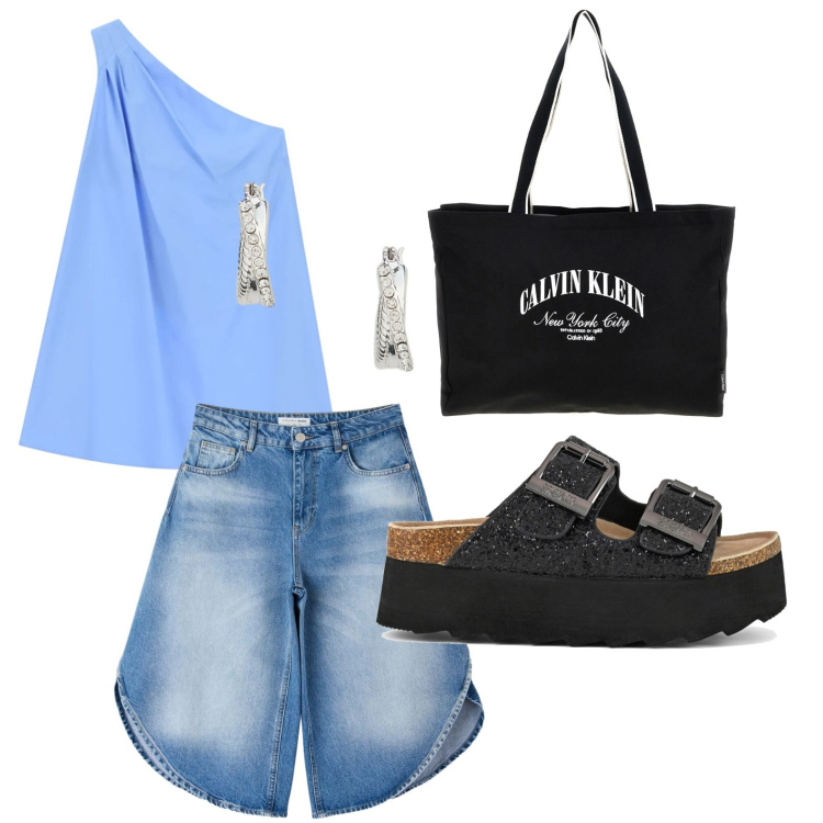Outfit donna - Bermuda moderni. Stile Casual per Tutti i giorni. Abbinamento con pantaloni corti, vestiti asimmetrici, orecchini, sandali, borse a spalla.