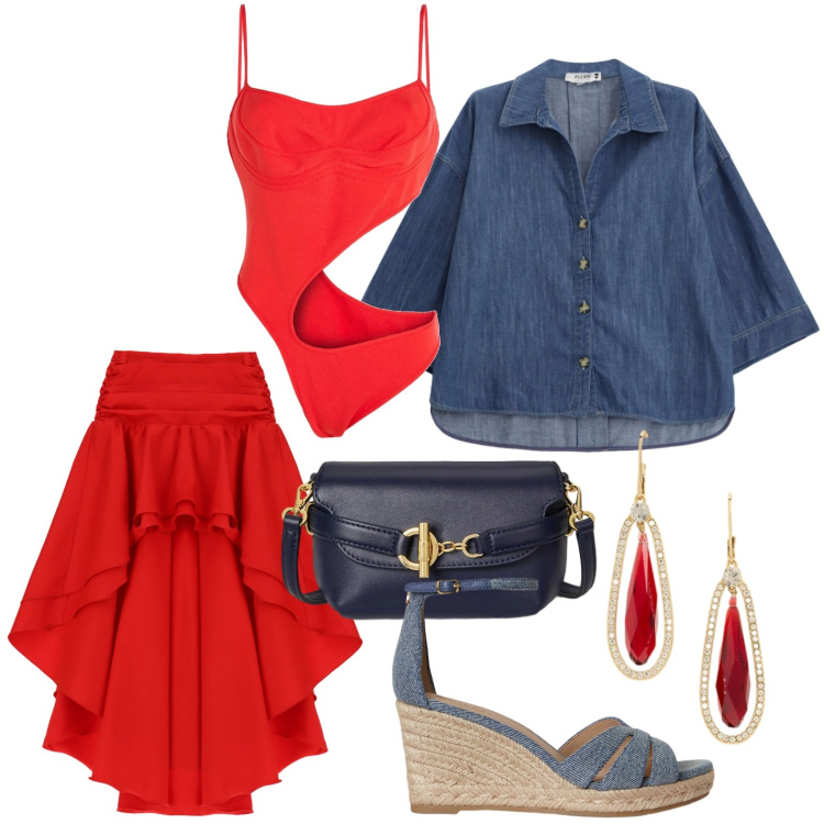 Outfit donna - Gonna drappeggiata. Stile Bon Ton per Tutti i giorni. Abbinamento con body, gonne lunghe, camicie, zeppe, borse a tracolla, orecchini.