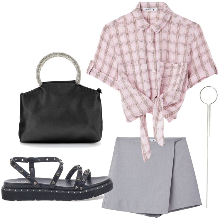Outfit donna - Pomeriggio easy. Stile Glamour per Tutti i giorni. Abbinamento con gonne, camicie a manica corta, collane, sandali, borse a mano.