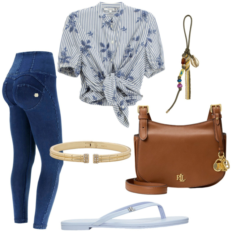 Outfit donna - Camicia con nodo. Stile Glamour per Tutti i giorni. Abbinamento con camicie a manica corta, jeggings, ciabatte, borse a tracolla, braccialetti, braccialetti.
