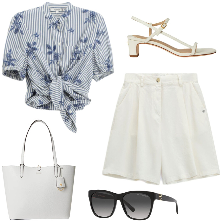 Outfit donna - Weekend al mare. Stile Chic per Tutti i giorni. Abbinamento con camicie a manica corta, bermuda, occhiali da sole, sandali in pelle, borse tote.