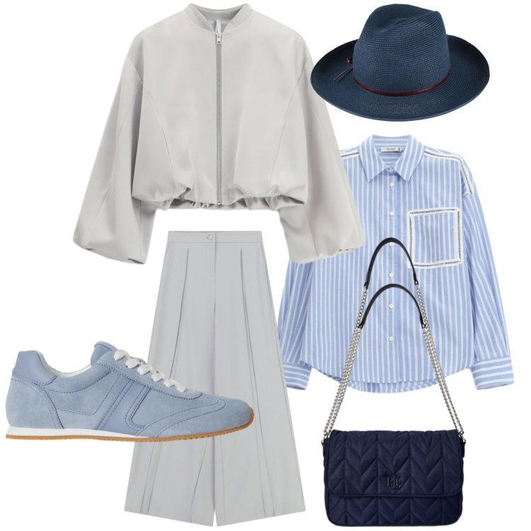 Outfit donna - Un cappello per amico. Stile Casual per Ufficio. Abbinamento con cappelli, bomber, pantaloni a palazzo, camicie, sneakers, borse a tracolla.