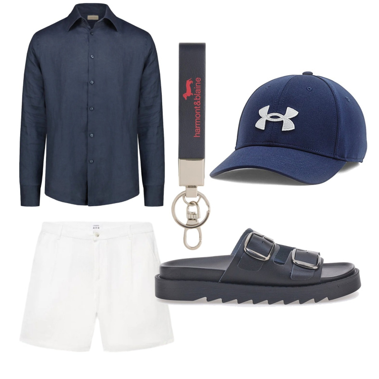 Outfit uomo - Lino d’estate. Stile Trendy per Tutti i giorni. Abbinamento con pantaloni corti, portachiavi, camicie, cappelli, sandali.
