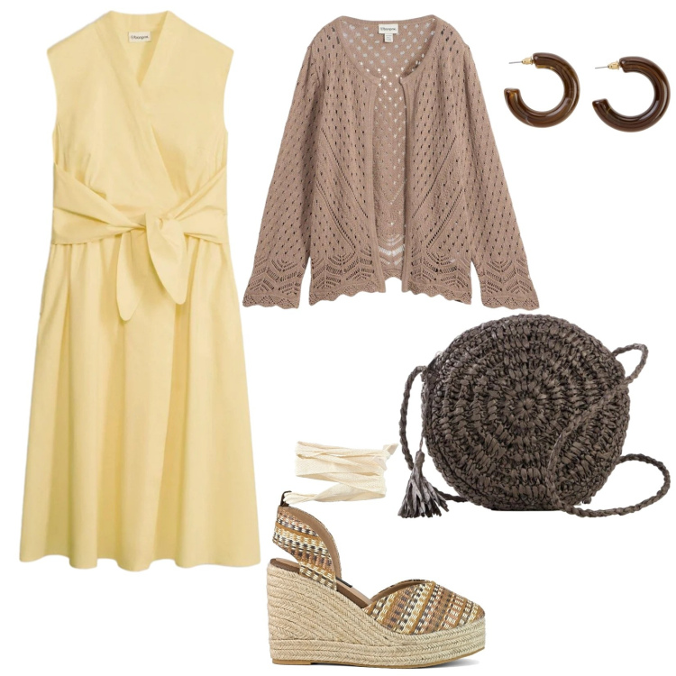 Outfit donna - Il vestito giallo. Stile Romantica per Tutti i giorni. Abbinamento con cardigans, vestiti, borse a tracolla, orecchini, zeppe.