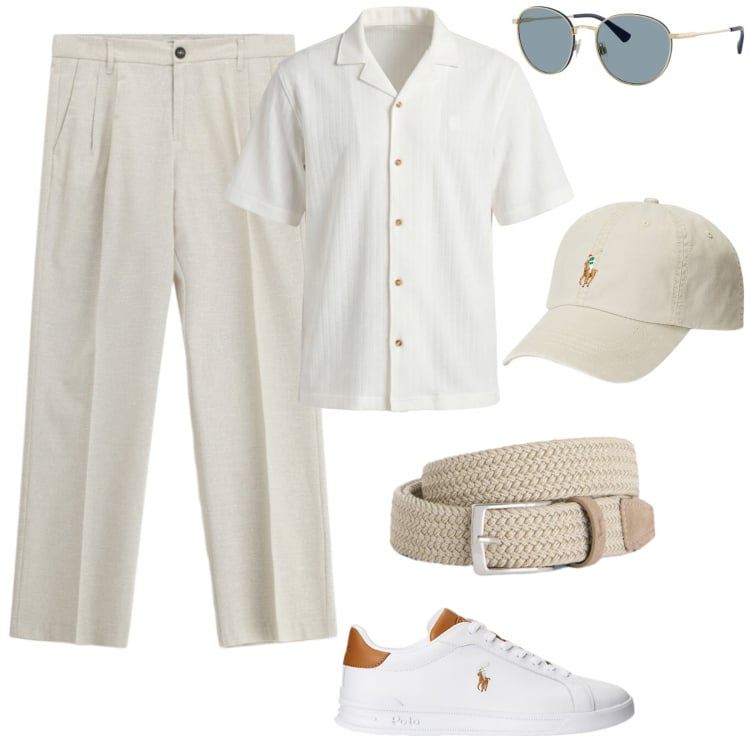 Outfit uomo - Bianco estivo. Stile Trendy per Tutti i giorni. Abbinamento con pantaloni, cinture, camicie a manica corta, cappelli, sneakers, occhiali da sole.