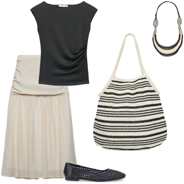 Outfit donna - Shopping for summer. Stile Chic per Tutti i giorni. Abbinamento con gonne longuette, top, shopping bag, collane, ballerine.