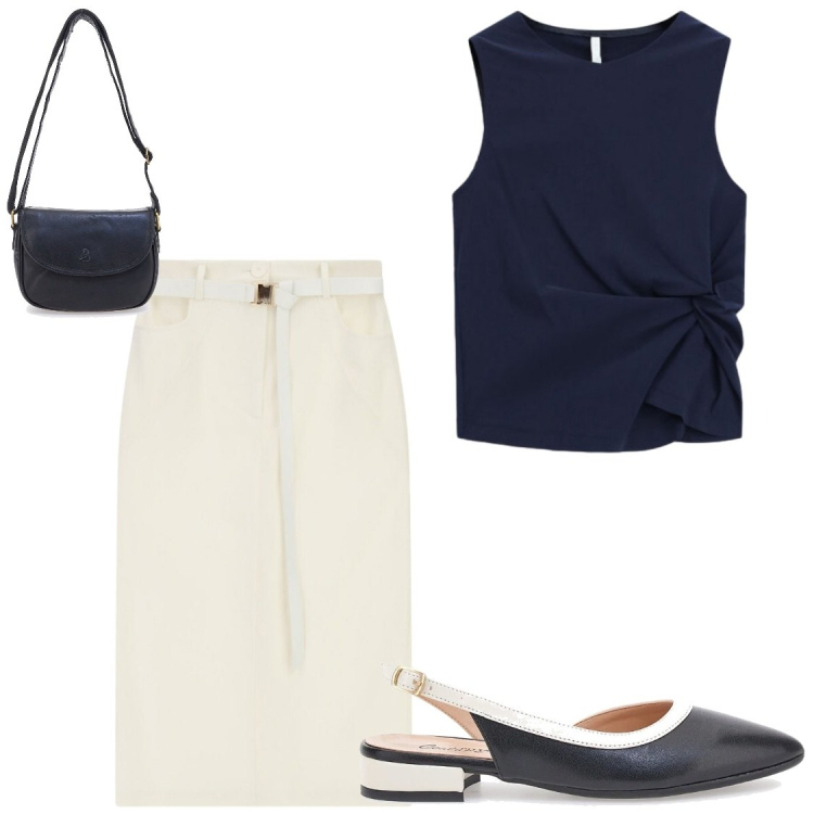 Outfit donna - A lavoro. Stile Bon Ton per Ufficio. Abbinamento con gonne longuette, canottiere, ballerine, borse a tracolla.