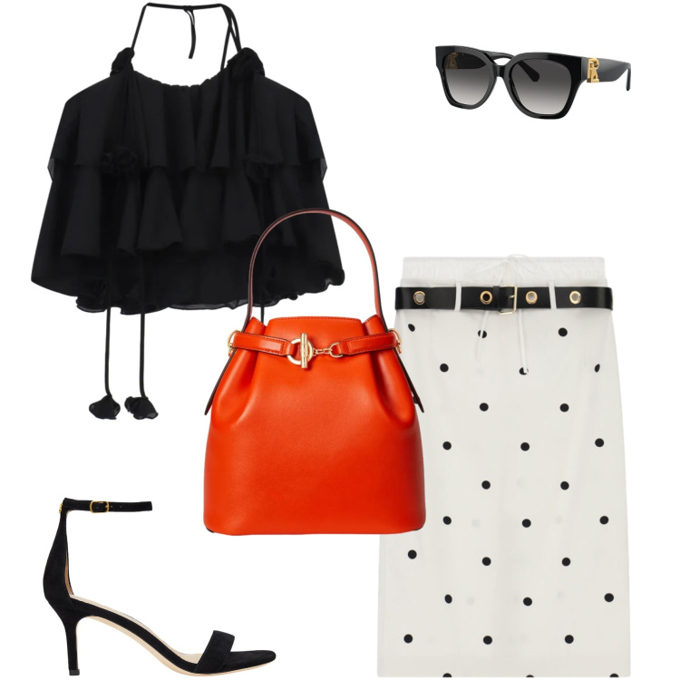 Outfit donna - Segno zodiacale Gemelli. Stile Chic per Serata fuori. Abbinamento con gonne longuette, top, occhiali da sole, sandali in pelle, borse a secchiello.