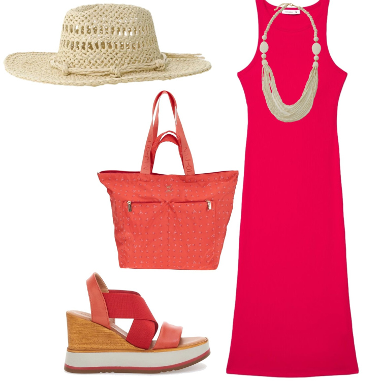 Outfit donna - Total look #2412188. Stile Casual chic per Tutti i giorni. Abbinamento con vestiti midi/longuette, collane, cappelli, borse a mano, sandali col tacco.