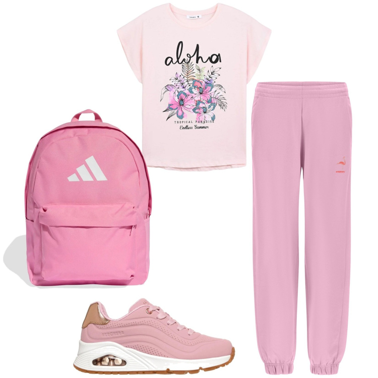 Outfit donna - Total look #2412189. Stile Sporty chic per Sport. Abbinamento con t-shirt, pantaloni, sneakers alte, zaini.