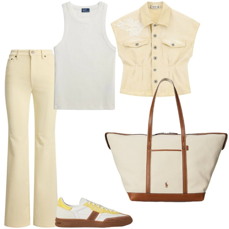 Outfit donna - Università ed esami. Stile Casual chic per Scuola/Università. Abbinamento con blazer, borse tote, pantaloni, sneakers, canottiere.